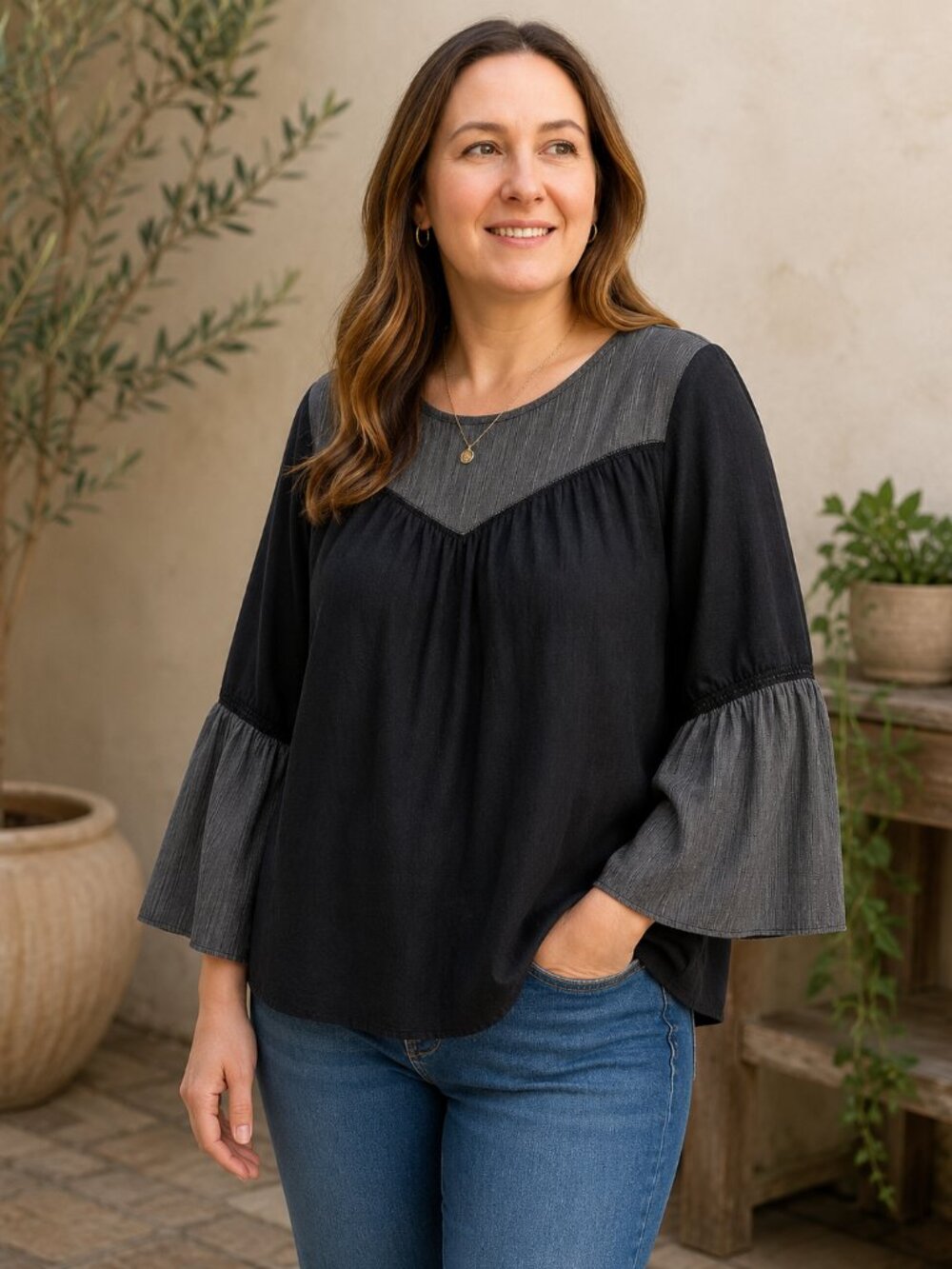 Painter Blouse Boho Chic Gray Women's Top Sz L